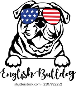 Patriotischer englischer Bulldog auf Sonnenbrille, amerikanische Flagge