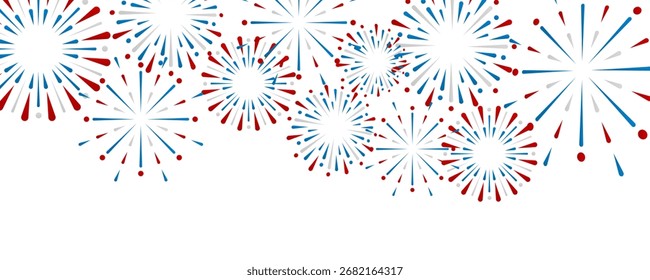 Borda de ilustração com fogos de artifício patrióticos, com rajadas vermelhas, brancas e azuis, perfeito para cabeçalhos, banners e fundos que comemoram feriados e eventos nacionais.