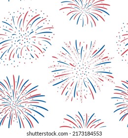 Patriotic Fireworks Background For Independence Day USA. 4th Of July. Vector Seamless Pattern. Isolated On White. For Digital Paper, Greeting Cards, Web Design.