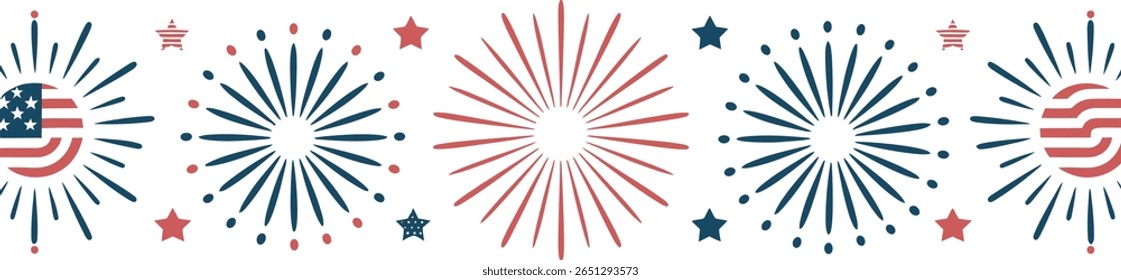 Patriotic fireworks border, festive celebration background, red and blue firework pattern, holiday event design, decorative banner