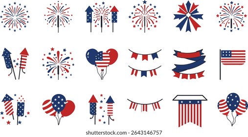 Patriotic Fireworks and Celebration Icons Red, White, and Blue Graphics