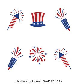 Patriotic fireworks, hat, fireworks burst, Popper, 4th of July USA American Independence Day Party Elements Icon Set