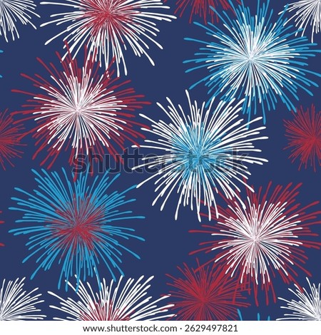 Patriotic Fireworks Seamless Pattern. 4th of July, USA Independence day, Americana Backdrop. Vector Template For Fabric, Textile, Wallpaper, Wrapping Paper