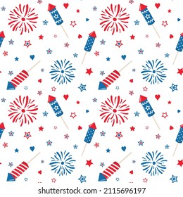 Patriotic fireworks and sparklers on a white background. Fourth of July. Independence Day. Vector seamless pattern.