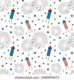 Patriotic fireworks and sparklers on a white background. 4th of July. Independence Day. Vector seamless pattern.