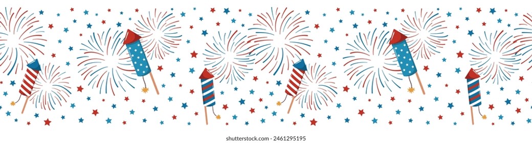 Patriotic Fireworks and Stars Seamless Border Pattern. 4th of July, Independence Day decor. Vector seamless pattern. Isolated on white background