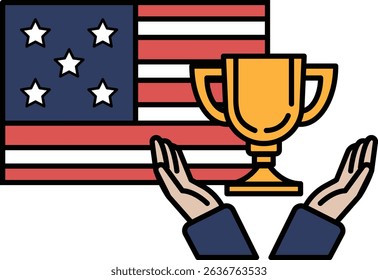 A patriotic flag is shown with two hands holding a trophy. Concept of pride and accomplishment, as the trophy represents a victory or achievement. The flag serves as a symbol of national identity
