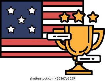 A patriotic flag with stars and stripes is next to a gold cup. The cup is labeled with the word "winner" and has a star on top. Concept of achievement and victory