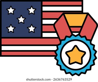 A patriotic flag with stars and stripes is shown with a gold medal and a star. Concept of achievement and pride in one's country