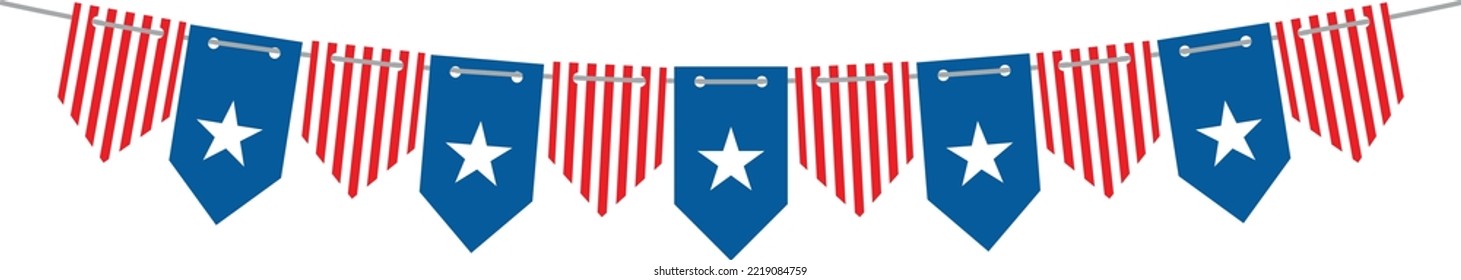 Patriotic flags hanging. Holiday party garland. Paper bunting