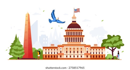 A patriotic flat design showcasing the US Capitol, soaring eagle, and Washington Monument. Iconic American symbols set against a clear sky with greenery and national pride