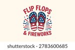 Patriotic flip flops design featuring star spangled banner pattern with festive firework elements isolated on light background.