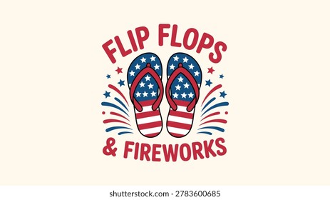 Patriotic flip flops design featuring star spangled banner pattern with festive firework elements isolated on light background.