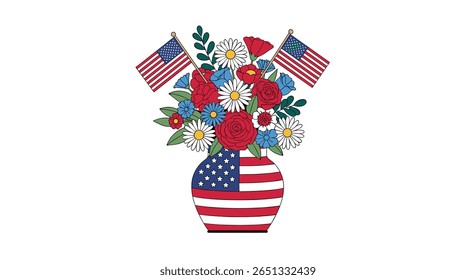 Arranjo floral patriótico com bandeiras e vaso americanos