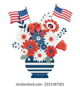 Patriotischer Blumenstrauß in einer Vase mit Flaggen. Vektorgrafik. Einzeln auf weißem Hintergrund. 4. Juli thematisch gestaltete Urlaubskarte.