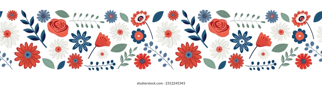 Patriotic floral seamless border. Vector illustration. Isolated on white background. 4th of July themed design holiday banner.