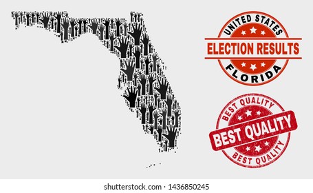 Patriotic Florida State map and seals. Red round Best Quality grunge seal stamp. Black Florida State map mosaic of raised up agree arms. Vector combination for ballot results,