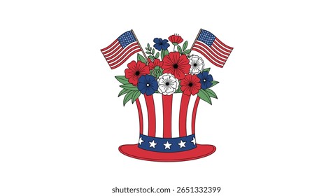 arranjo de flores patrióticas no tio sam hat com bandeiras americanas