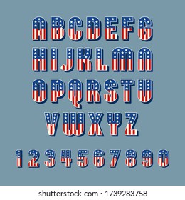 Patriotic font with American flag stars and stripes pattern. For 4th of July, Memorial Day and political campaign design projects. USA themed lettering. Vector illustration.