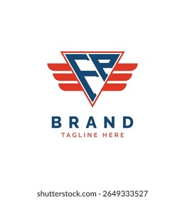 Patriotic FP Logo Initials. Letter FP Winged Logo. Red and Blue Triangle FP with Wing for Aviation, Delivery Services, Sports, Military and Security Agencies