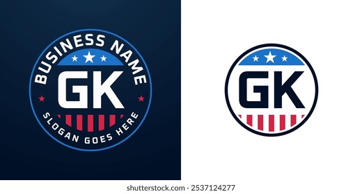 Patriotic GK Logo Design. Buchstabe GK Logo mit amerikanischer Flagge und Stern, patriotisches Design