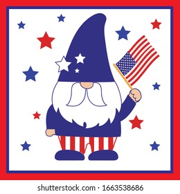 Patriotic gnome with the american flag. Cartton vector ilustration with stars and striped.