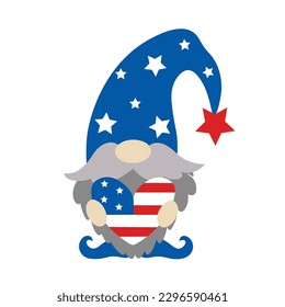 Patriotic gnome by July 4th. American Independence Day. A cute elf with a beard holds a heart with the USA flag in his hands. Dwarf in a cap with stars. Flat cartoon vector clipart isolated on white