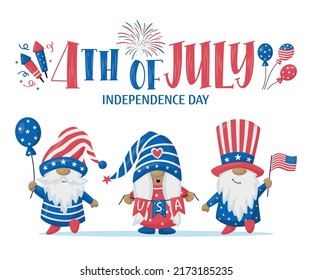 Patriotisches Gnome mit Feuerwerk und handschriftlich seelen 4. Juli. Skandinavische Nordische Gnomes feiern den Unabhängigkeitstag USA. Für Grußkarte, Einladung, Banner, Webdesign. Vektorgrafik