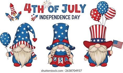 Patriotic Gnome with fireworks and hand lettering sigh 4th of July. Scandinavian Nordic Gnomes celebrate Independence day USA. For greeting card, invitation, banner, web design. Vector illustration