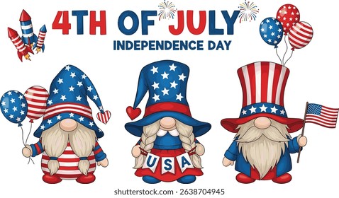 Patriotic Gnome with fireworks and hand lettering sigh 4th of July. Scandinavian Nordic Gnomes celebrate Independence day USA. For greeting card, invitation, banner, web design. Vector illustration