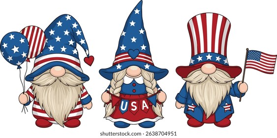 Patriotic Gnome with fireworks and hand lettering sigh 4th of July. Scandinavian Nordic Gnomes celebrate Independence day USA. For greeting card, invitation, banner, web design. Vector illustration