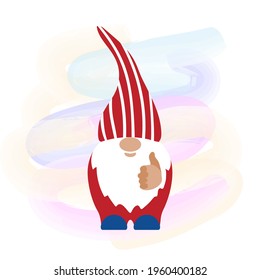 Patriotic gnome with like hand sign. Funny Scandinavian Nordic Gnome with traditional hat. Independence day gnomes collection. Trendy vector dwarf for 4th of July greeting card, t shirt print, mug.