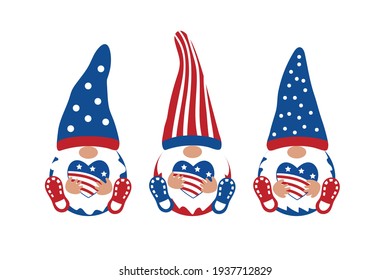 Patriotic Gnome set with hearts on white background. Scandinavian Nordic Gnomes to celebrate 4th of July Day. Cute Gnomes for greeting card, t shirt print, web design. Vector illustration.