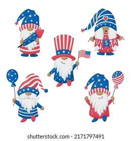 Patriotic Gnome set in Red and Blue on white background. Scandinavian Nordic Gnomes to celebrate 4th of July Day. For greeting card, invitation, t shirt print, web design. Vector cartoon illustration.