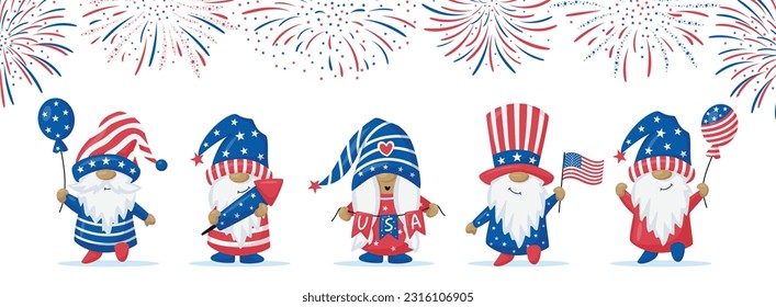 El Patriotic Gnome está en rojo y azul y en fuegos artificiales. Gnomes nórdicos escandinavos para celebrar el 4 de julio. Para tarjeta de saludo, invitación, impresión de camisetas, diseño web. Ilustración de dibujos animados.