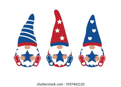 Patriotic Gnome set with stars on white background. Scandinavian Nordic Gnomes to celebrate 4th of July Day. Cute Gnomes for greeting card, t shirt print, web design.