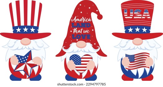 Patriotic Gnome sign on white background. Gnomes to celebrate 4th of July Day. Trendy Gnomes for greeting card, t shirt print, web design. Vector illustration.