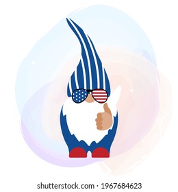 Patriotic gnome with trendy american sunglasses and like hand. Scandinavian Nordic Gnome. Independence day gnomes collection for 4th of July greeting card, t shirt print, mug.