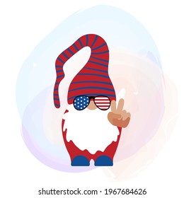 Patriotic gnome with trendy american sunglasses and peace sign hand. Scandinavian Nordic Gnome. Independence day gnomes collection for 4th of July greeting card, t shirt print, mug.