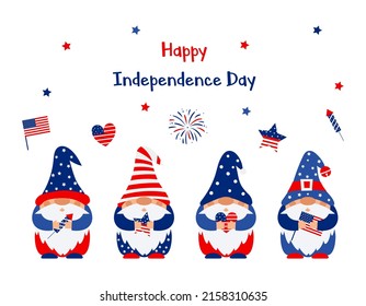 Patriotic gnomes of American flag colors are holding rocket, US flag, star and heart in their hands. Symbols of the celebration of the Independence Day, July 4.Vector illustration on white background