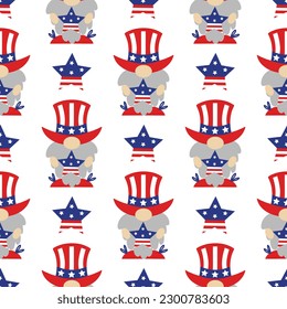 Patriotic gnomes by July 4th seamless vector pattern. American Independence Day. A cute elf with a beard holds a star with the USA flag. Leprechaun in a traditional hat. Cartoon vector background