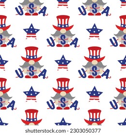 Patriotic gnomes by July 4th seamless vector pattern. American Independence Day. Cute elf with a beard holding a USA garland. Leprechaun in a traditional hat with stars. Cartoon vector background