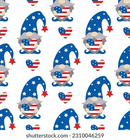 Patriotic gnomes by July 4th seamless vector pattern. American Independence Day. Cute dwarf with a beard holding a heart with USA flag. Leprechaun in a cap with stars. Flat cartoon background for web