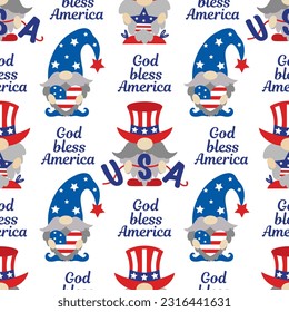 Patriotic gnomes by July 4th seamless vector pattern. Independence Day. Cute elf with a beard holding a garland, heart and star with USA flag. God bless America. Cartoon flat background for print, web