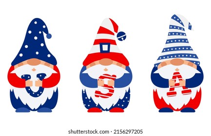 Patriotic gnomes in caps in american flag colors hold the letters USA in their hands. Gnomes celebrate Independence Day, on July 4th. For greeting card, t shirt print. Vector illustration on white