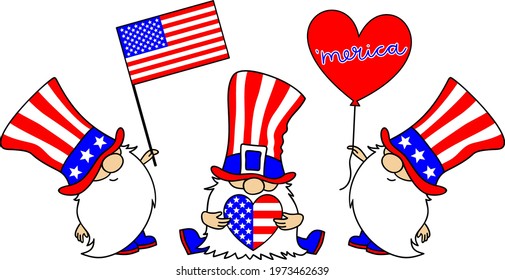 Patriotic gnomes celebrating 4th of july, Happy Independence day, vector illustration, American flag, love USA