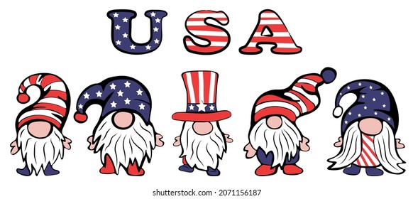 Patriotic Gnomes set with Stars and Stripes on white background. USA Independence day. Vector illustration in doodle style.