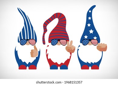 Patriotic gnomes with trendy american sunglasses, peace sign hand, like hand, raised fist high. Funny Scandinavian Nordic Gnome. Independence day gnomes for 4th of July greeting card, t shirt, mug.