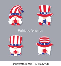 Patriotic gnomes wear a top hat adorned with the red and blue stars of the American flag.