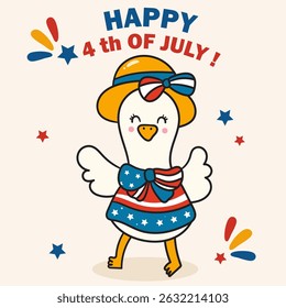 Patriotic Goose Silly Cartoon funny Clipart. 4th of July USA. Happy Independence Day. Kawaii Cute Character. Flat illustration